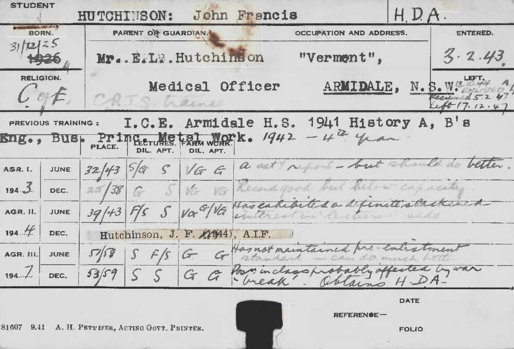 HUTCHINSON, John Francis (Hawkesbury Diploma of Agriculture (HDA))