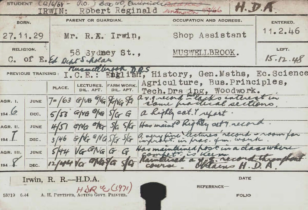 IRWIN, Robert Reginald (Hawkesbury Diploma of Agriculture (HDA))