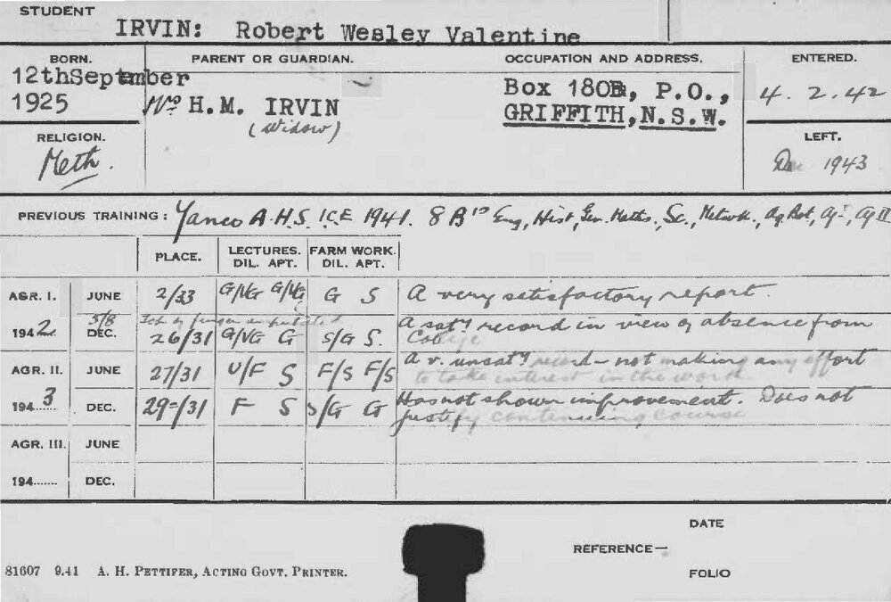IRVIN, Robert Wesley Valentine (Hawkesbury Diploma of Agriculture (HDA))