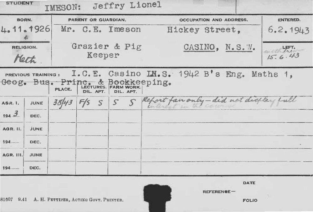 IMESON, Jeffry Lionel (Course Not Identified)