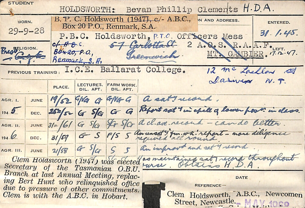 HOLDSWORTH, Bevan Phillip Clements (Hawkesbury Diploma of Agriculture (HDA))