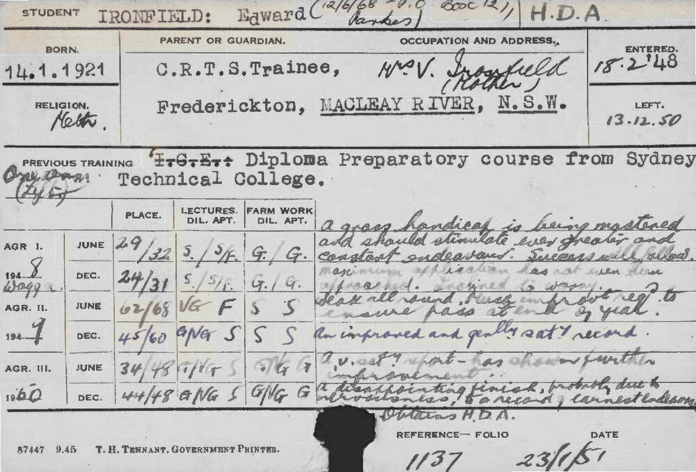 IRONFIELD, Edward (Hawkesbury Diploma of Agriculture (HDA))