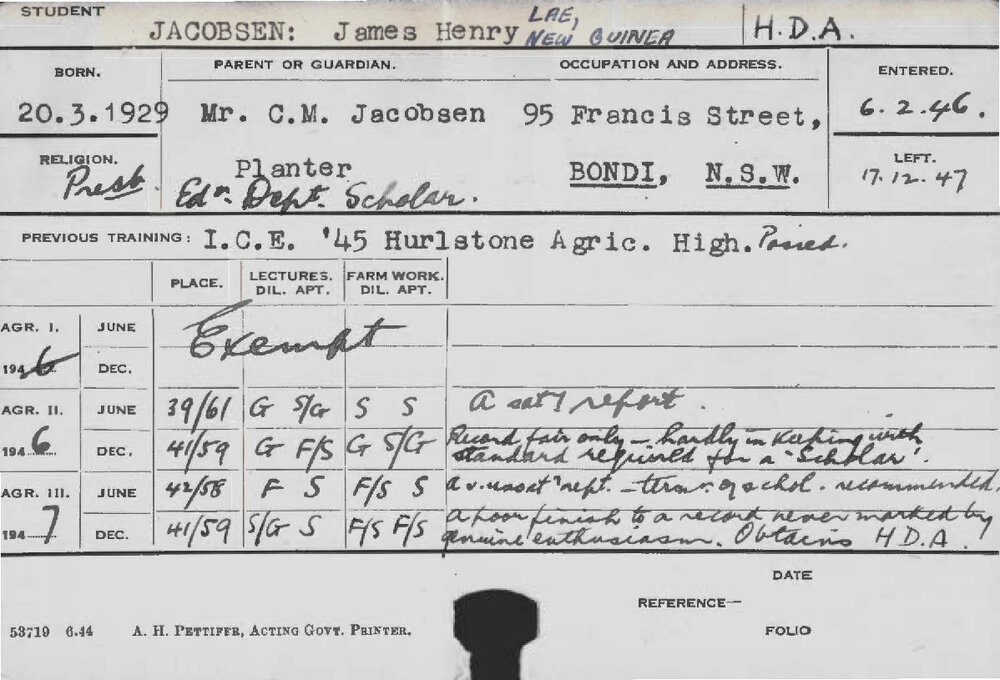 JACOBSEN, James Henry (Hawkesbury Diploma of Agriculture (HDA))