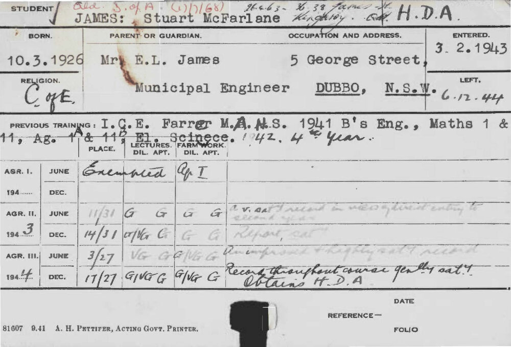 JAMES, Stuart McFarlane (Hawkesbury Diploma of Agriculture (HDA))