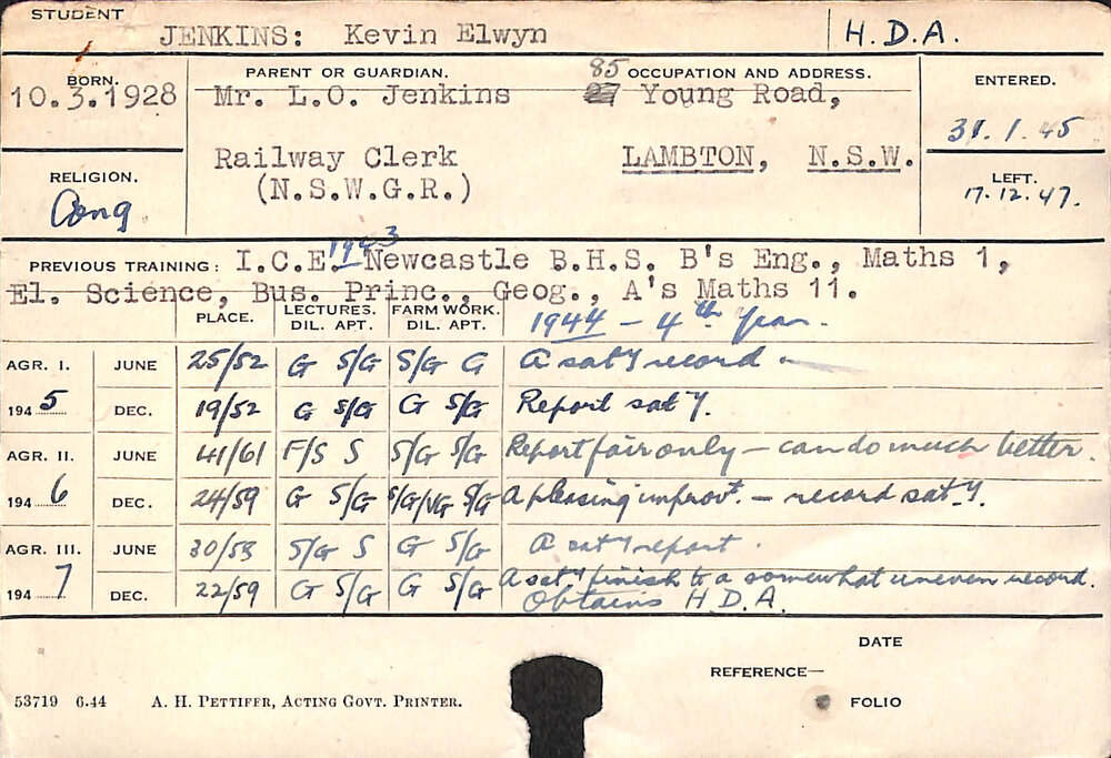 JENKINS, Kevin Elwyn (Hawkesbury Diploma of Agriculture (HDA))