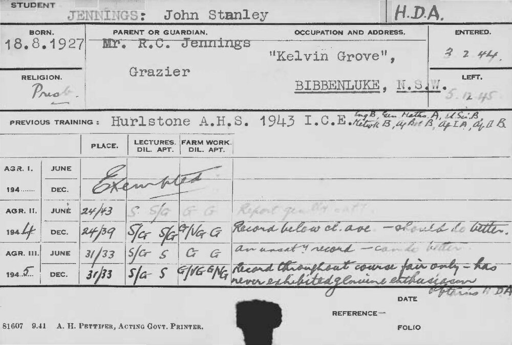 JENNINGS, John Stanley (Hawkesbury Diploma of Agriculture (HDA))