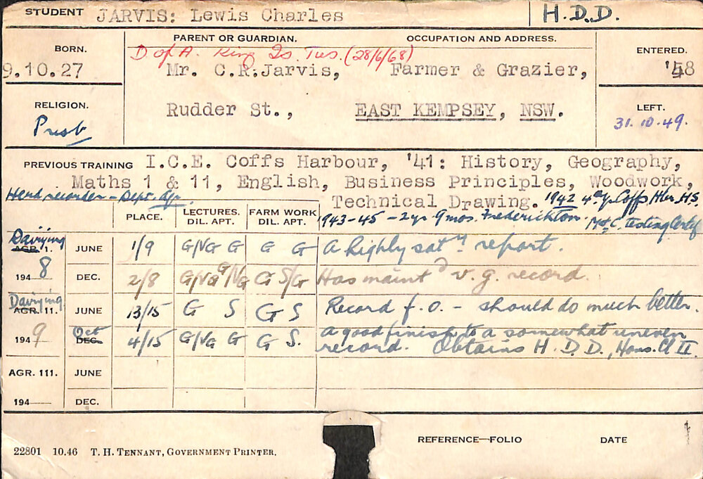 JARVIS, Lewis Charles (Hawkesbury Diploma in Dairy (HDD))