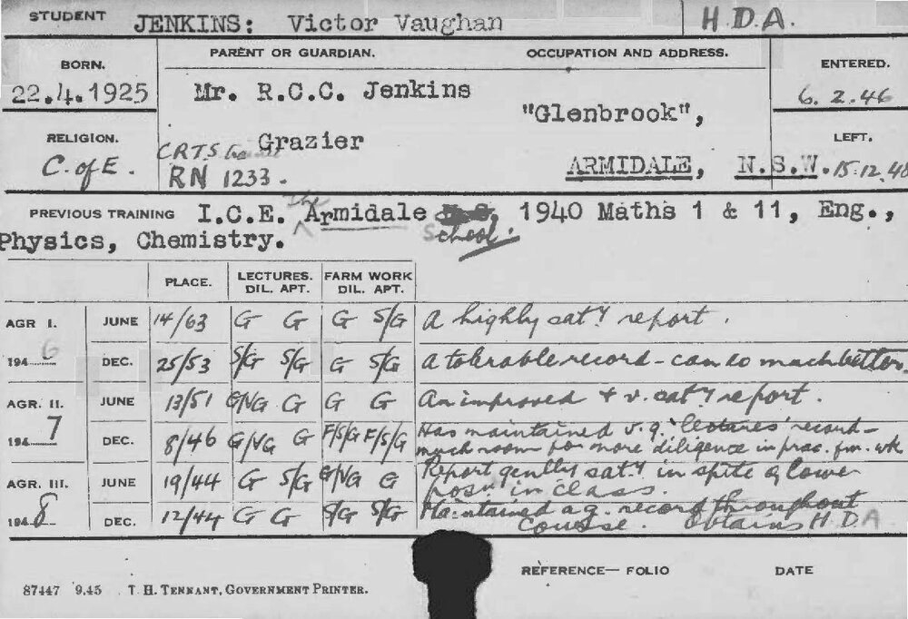 JENKINS, Victor Vaughan (Hawkesbury Diploma of Agriculture (HDA))