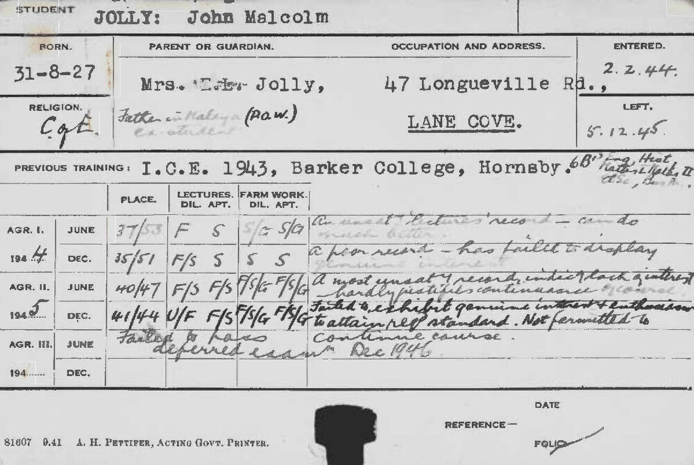 JOLLY, John Malcolm (Course Not Identified)