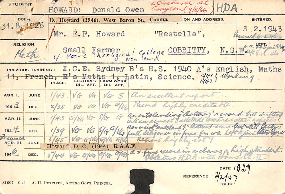 HOWARD, Donald Owen (Hawkesbury Diploma of Agriculture (HDA))
