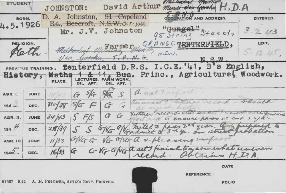 JOHNSTON, David Arthur (Hawkesbury Diploma of Agriculture (HDA))