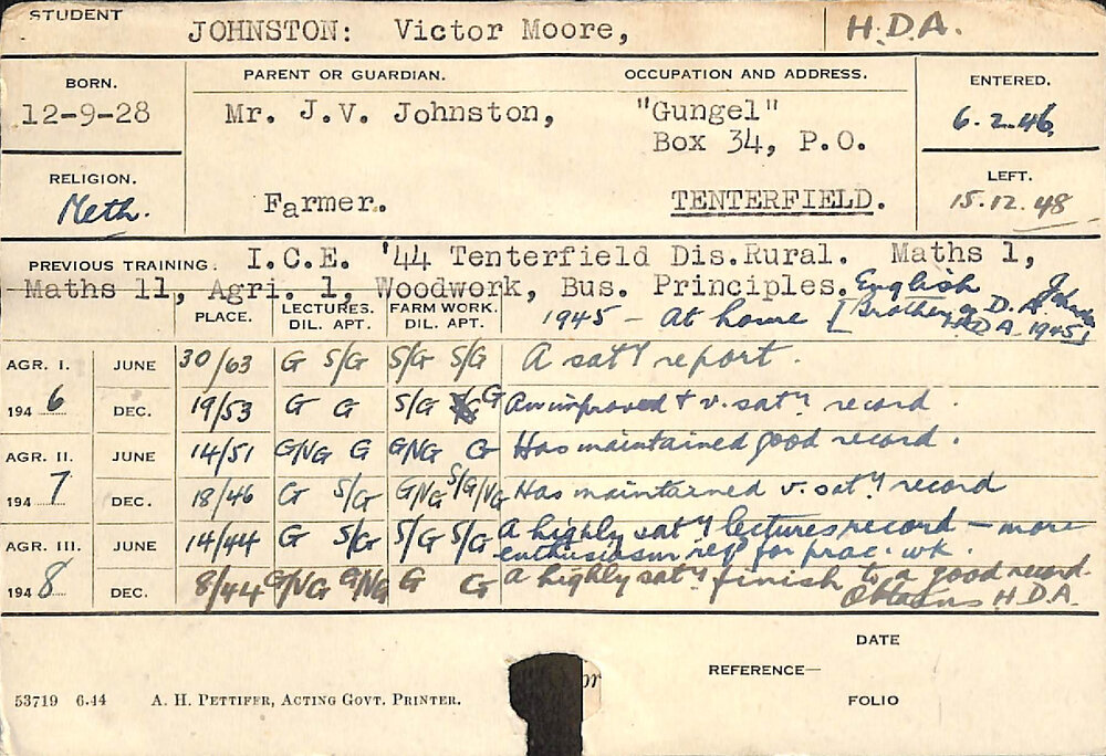 JOHNSTON, Victor Moore (Hawkesbury Diploma of Agriculture (HDA))