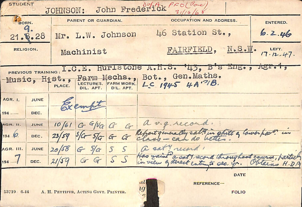 JOHNSON, John Frederick (Hawkesbury Diploma of Agriculture (HDA))