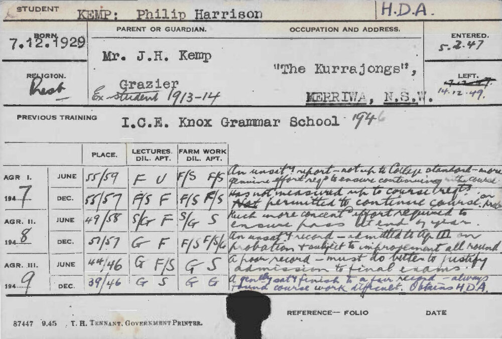 KEMP, Philip Harrison (Hawkesbury Diploma of Agriculture (HDA))