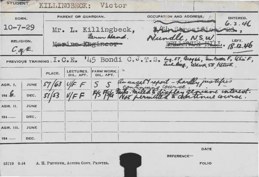 KILLINGBECK, Victor (Course Not Identified)