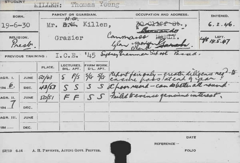 KILLEN, Thomas Young (Course Not Identified)