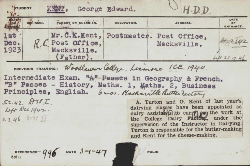 KENT, George Edward (Hawkesbury Diploma in Dairy (HDD))
