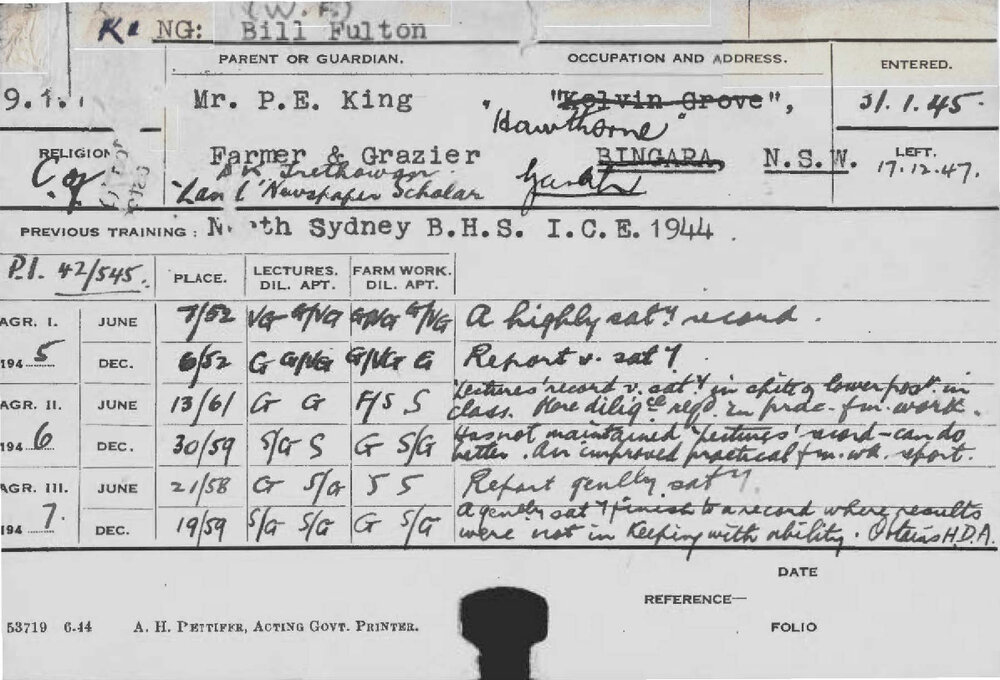 KING, Bill Fulton (Hawkesbury Diploma of Agriculture (HDA))