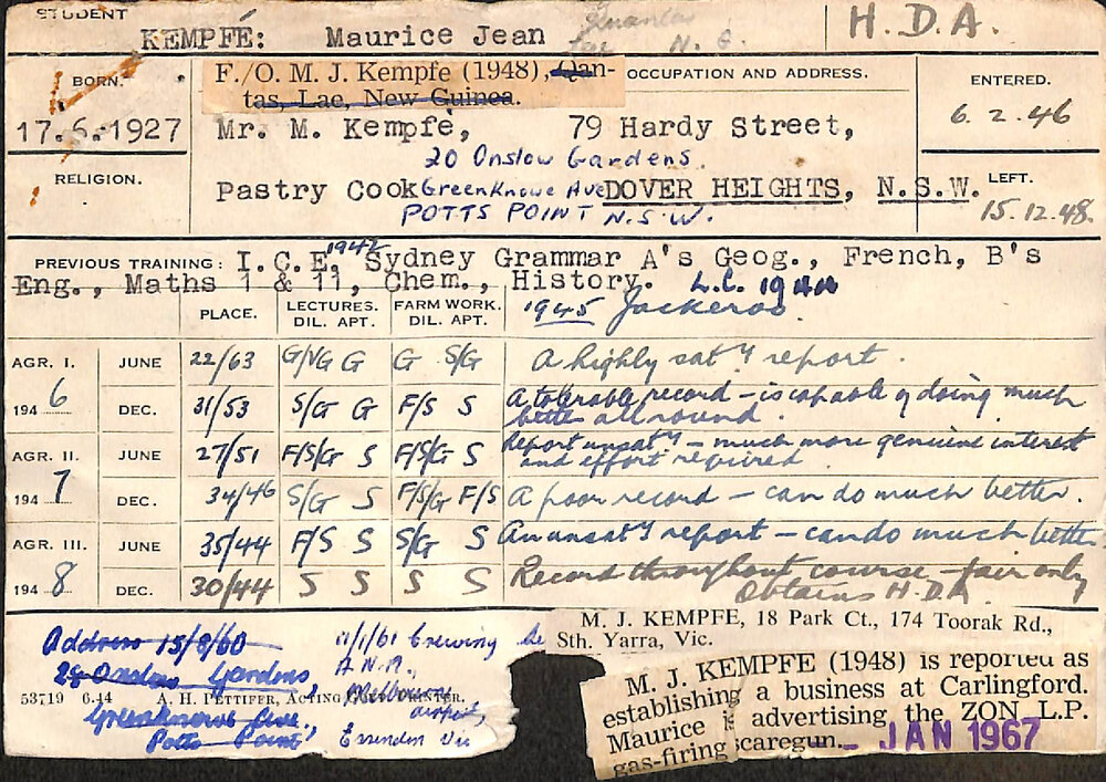 KEMPFE, Maurice Jean (Hawkesbury Diploma of Agriculture (HDA))