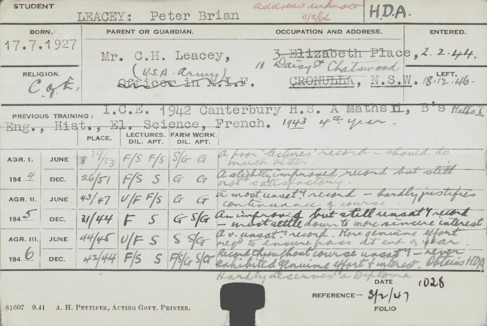 LEACEY, Peter Brian (Hawkesbury Diploma of Agriculture (HDA))