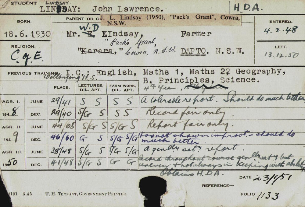 LINDSAY, John Lawrence (Hawkesbury Diploma of Agriculture (HDA))