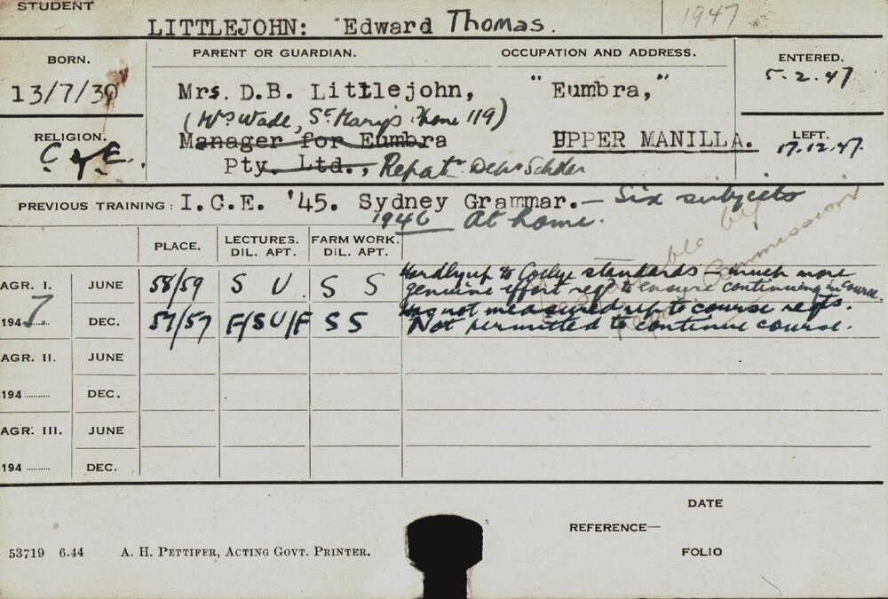 LITTLEJOHN, Edward John (Hawkesbury Diploma of Agriculture (HDA))