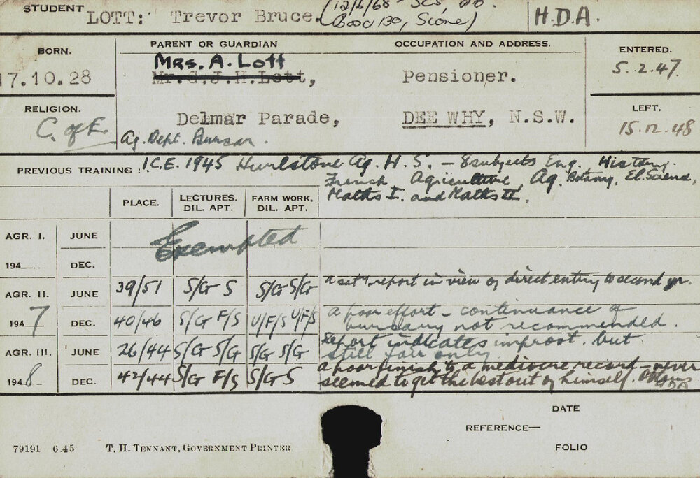LOTT, Trevor Bruce (Hawkesbury Diploma of Agriculture (HDA))