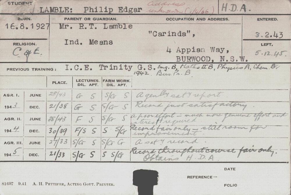 LAMBLE, Philip Edgar (Hawkesbury Diploma of Agriculture (HDA))