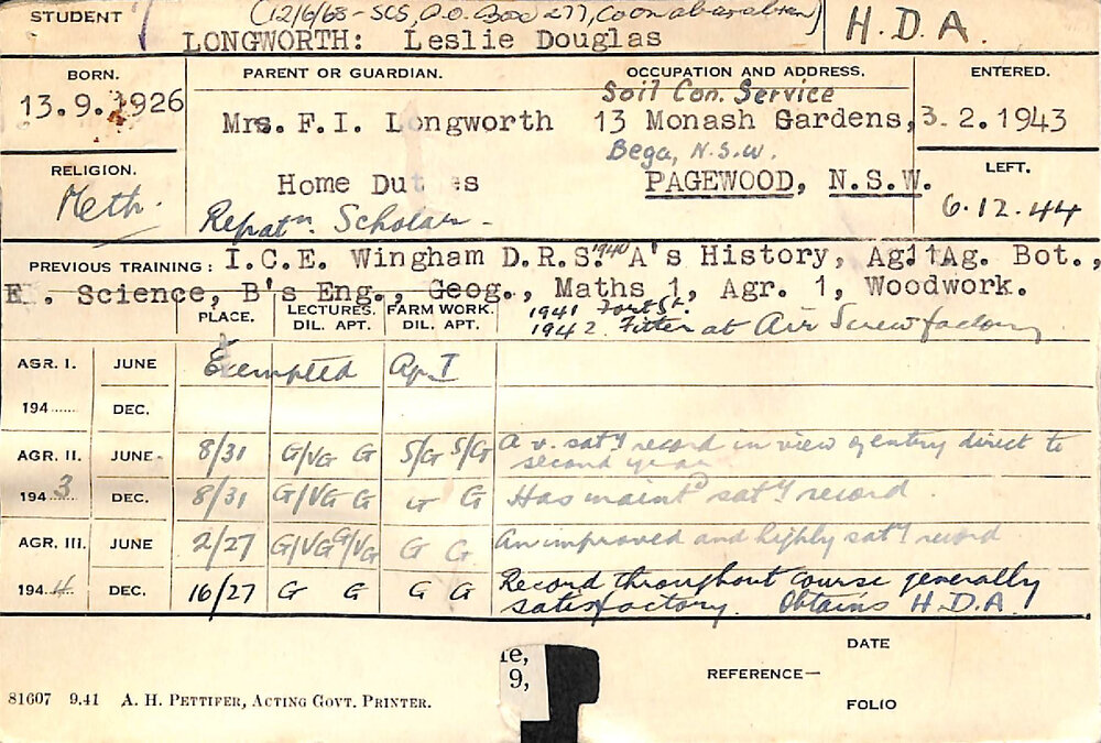 LONGWORTH, Leslie Douglas (Hawkesbury Diploma of Agriculture (HDA))
