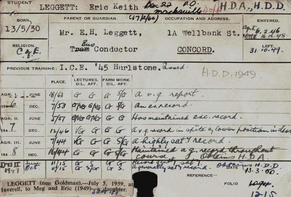 LEGGETT, Eric Keith (Hawkesbury Diploma of Agriculture (HDA)/ Hawkesbury Diploma in Dairy (HDD))