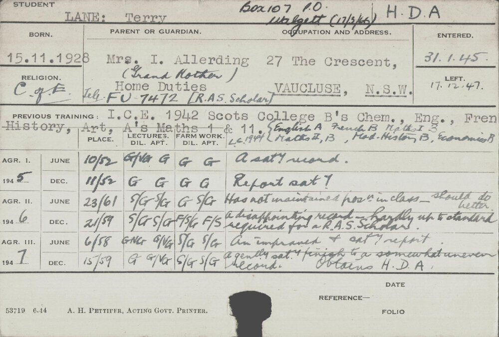 LANE, Terry (Hawkesbury Diploma of Agriculture (HDA))