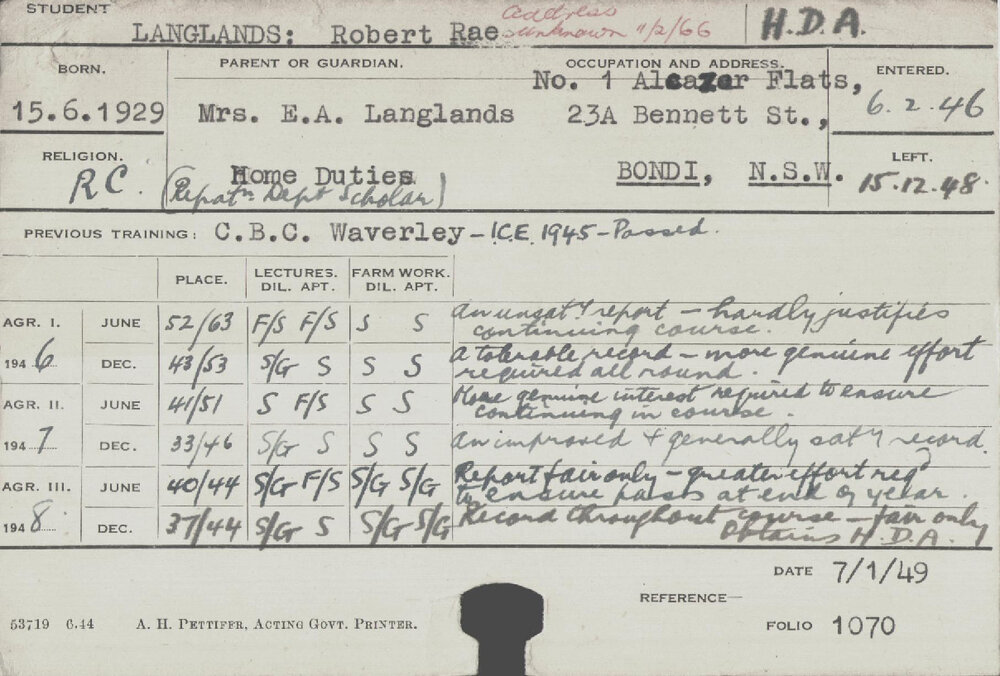 LANGLANDS, Robert Rae (Hawkesbury Diploma of Agriculture (HDA))