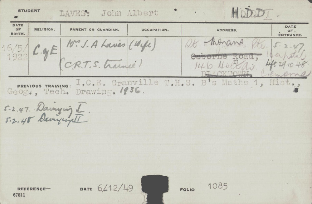 LAVES, John Albert (Hawkesbury Diploma in Dairy Technology (HDDT))
