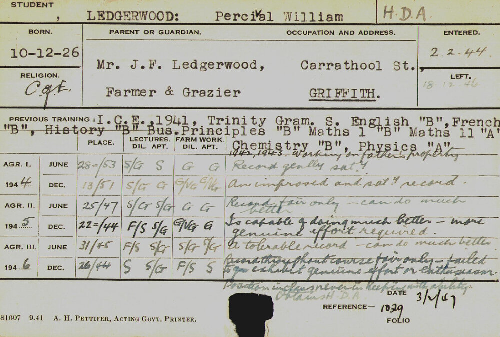 LEDGERWOOD, Percival William (Hawkesbury Diploma of Agriculture (HDA))