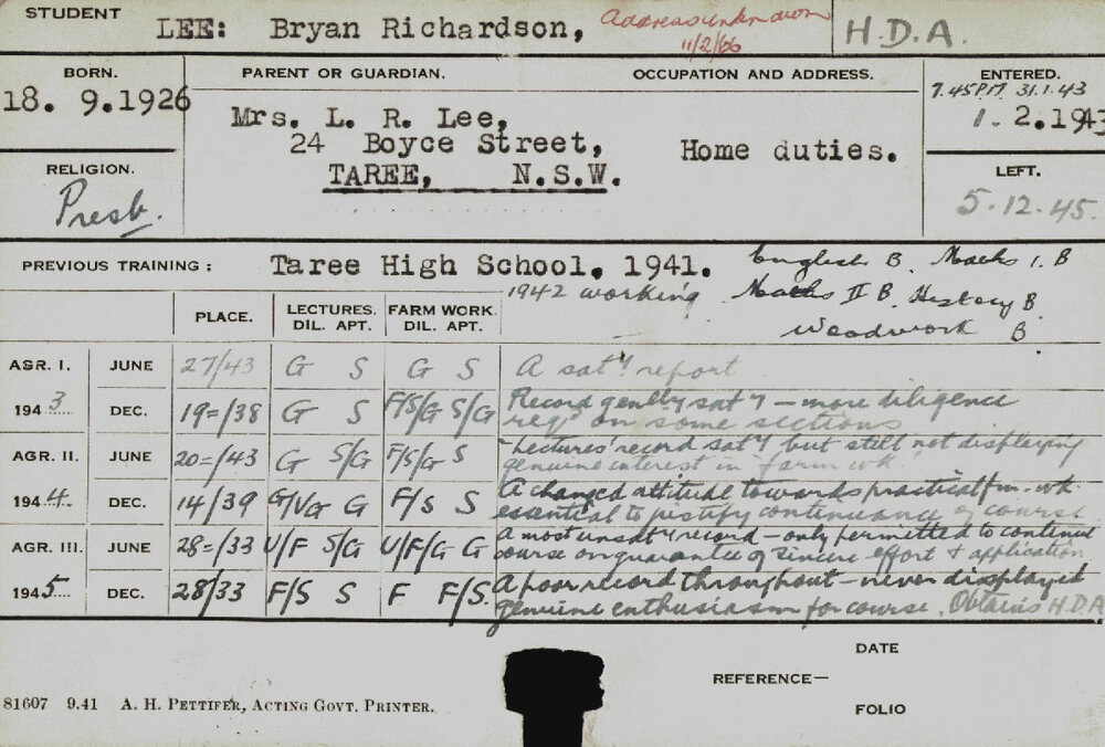 LEE, Bryan Richardson (Hawkesbury Diploma of Agriculture (HDA))