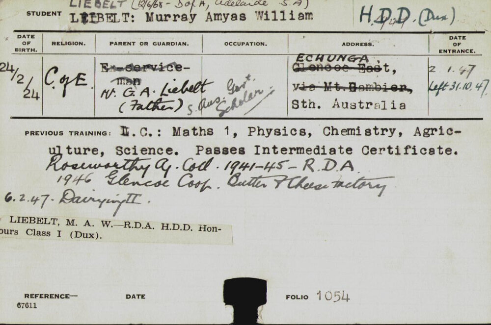 LIEBELT, Murray Amyas William (Hawkesbury Diploma in Dairy (HDD))