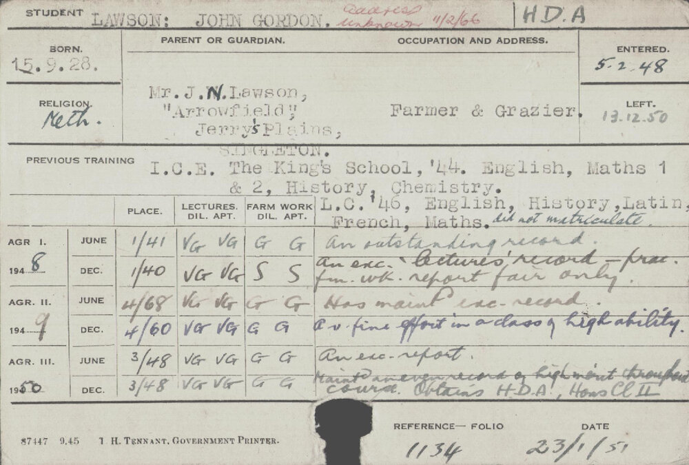 LAWSON, John Gordon (Hawkesbury Diploma of Agriculture (HDA))