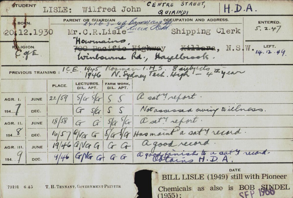 LISLE, Wilfred John (Hawkesbury Diploma of Agriculture (HDA))
