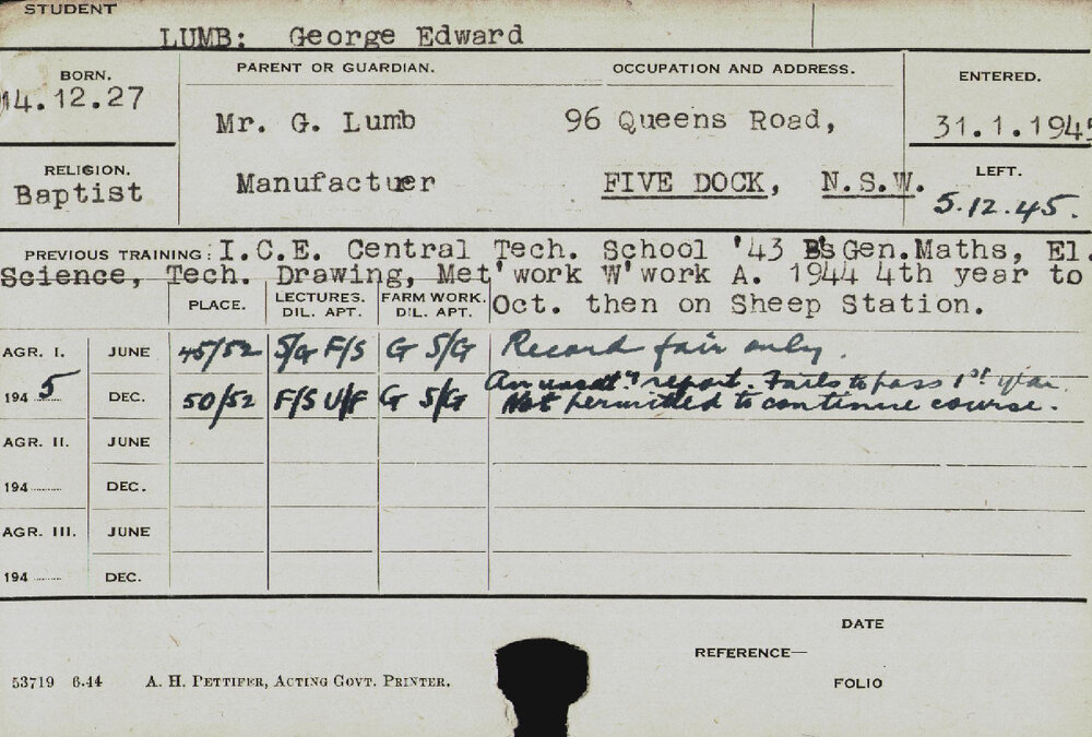 LUMB, George Edward (Hawkesbury Diploma of Agriculture (HDA))