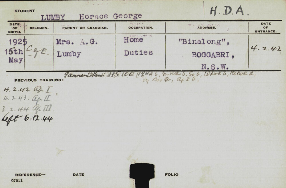 LUMBY, Horace George (Hawkesbury Diploma of Agriculture (HDA))