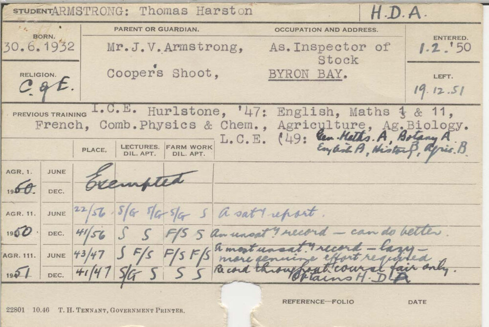 ARMSTRONG, Thomas Harston (Hawkesbury Diploma of Agriculture (HDA))