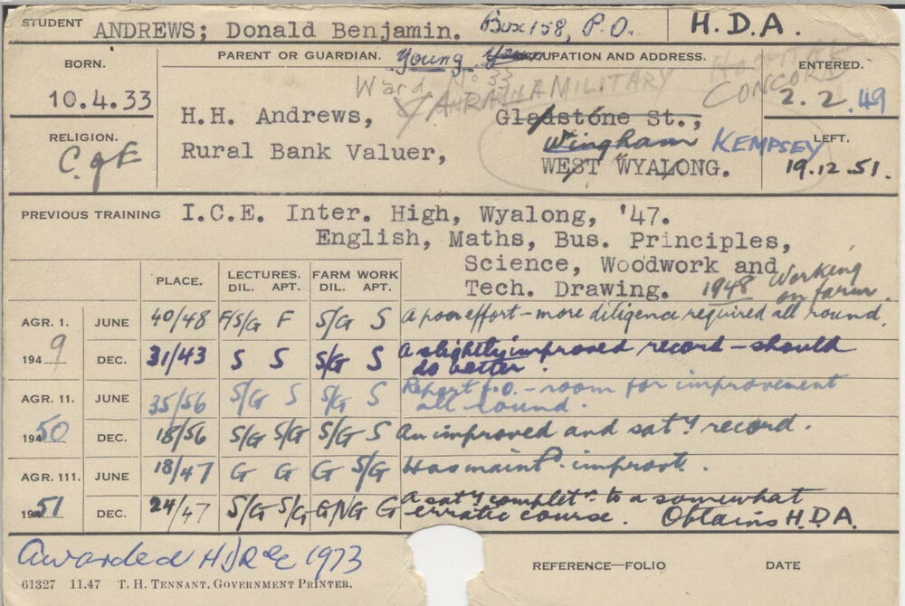 ANDREWS, Donald Benjamin (Hawkesbury Diploma of Agriculture (HDA))