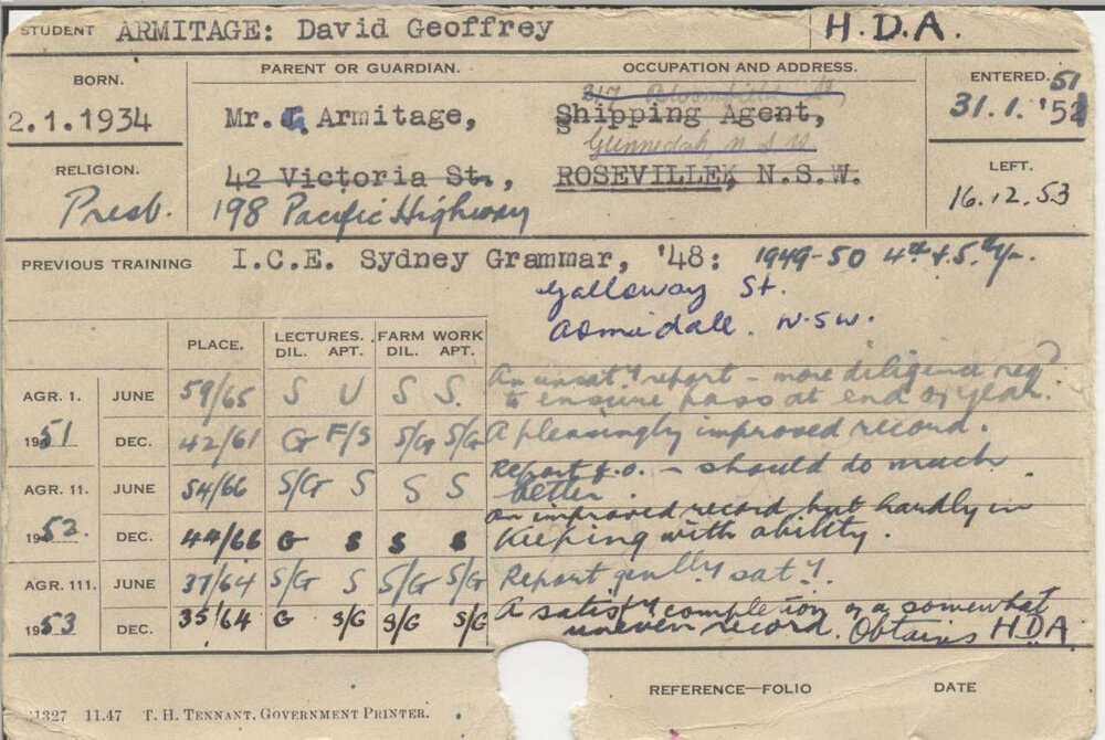 ARMITAGE, David Geoffrey (Hawkesbury Diploma of Agriculture (HDA))