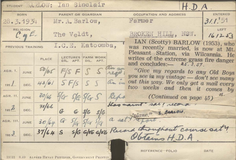 BARLOW, Ian Sinclair (Hawkesbury Diploma of Agriculture (HDA))