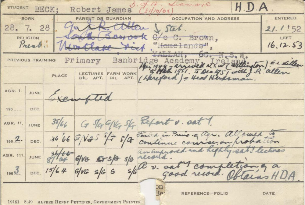 BECK, Robert James (Jim) (Hawkesbury Diploma of Agriculture (HDA))