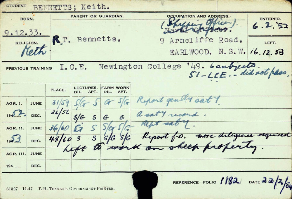 BENNETTS, Keith (Hawkesbury Diploma of Agriculture (HDA) (First and Second Year Certificate))