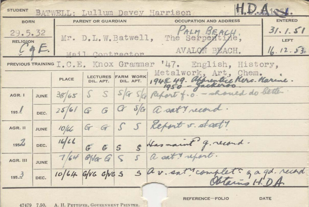 BATWELL, Lullum Davey Harrison (Hawkesbury Diploma of Agriculture (HDA))
