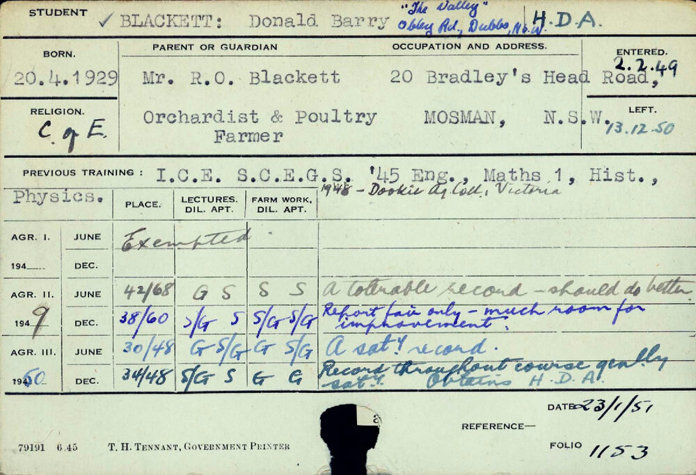 BLACKETT, Donald Barry (Hawkesbury Diploma of Agriculture (HDA))