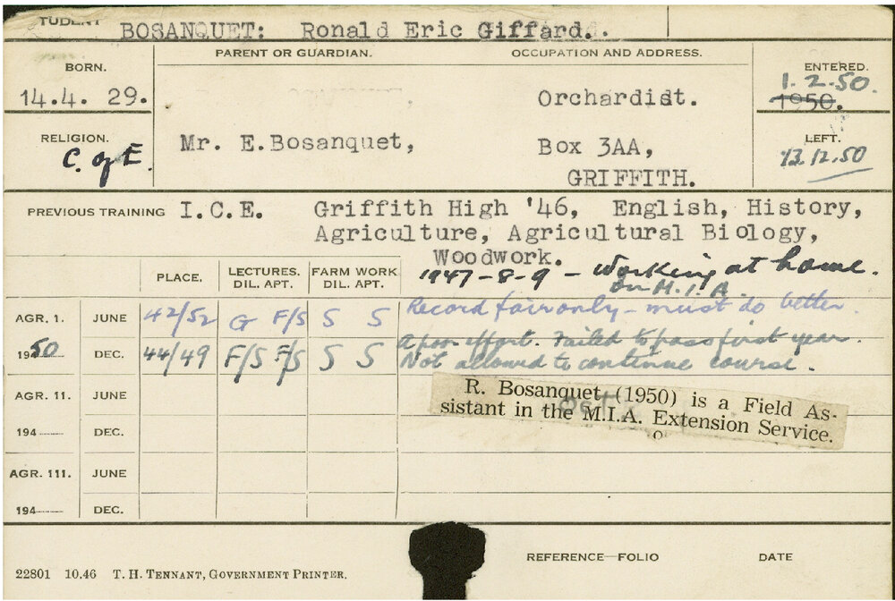 BOSANQUET, Ronald Eric Giffard (Course Not Identified)
