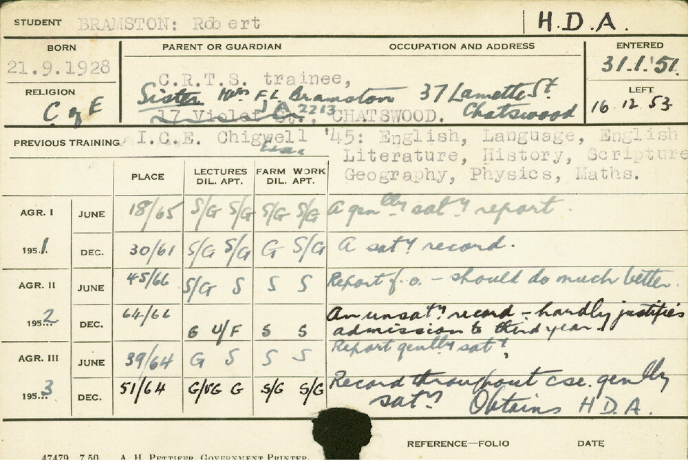 BRAMSTON, Robert (Hawkesbury Diploma of Agriculture (HDA))